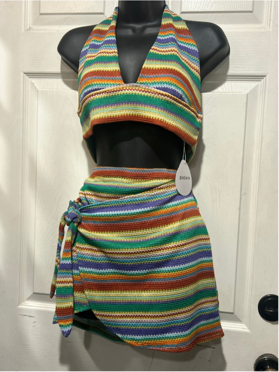 SHEIN Dresses & Skirts - Women's SHEIN Multi-color Crochet Halter Top and Wrap Skirt Set Size L